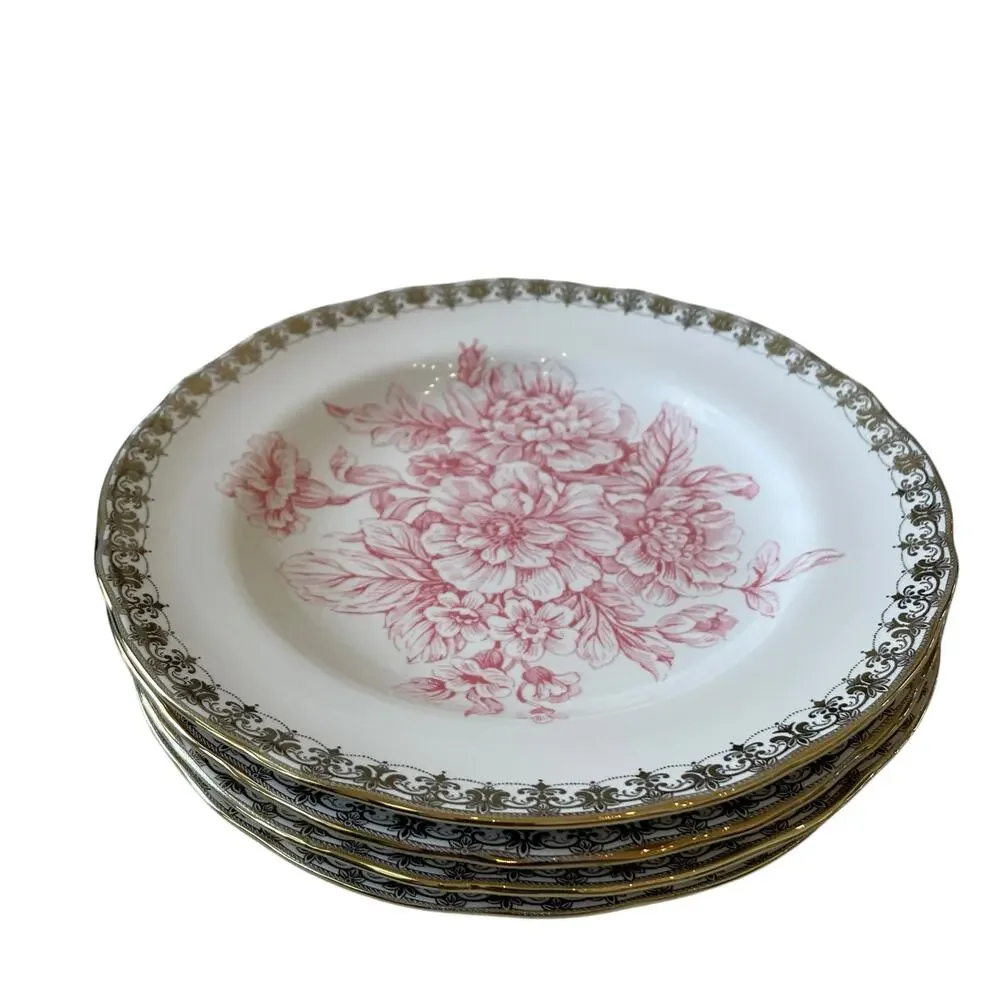 222 Fifth Pink Gold Floral Porcelain Salad Plates 8.5” Set of 4 Chic Easter NEW